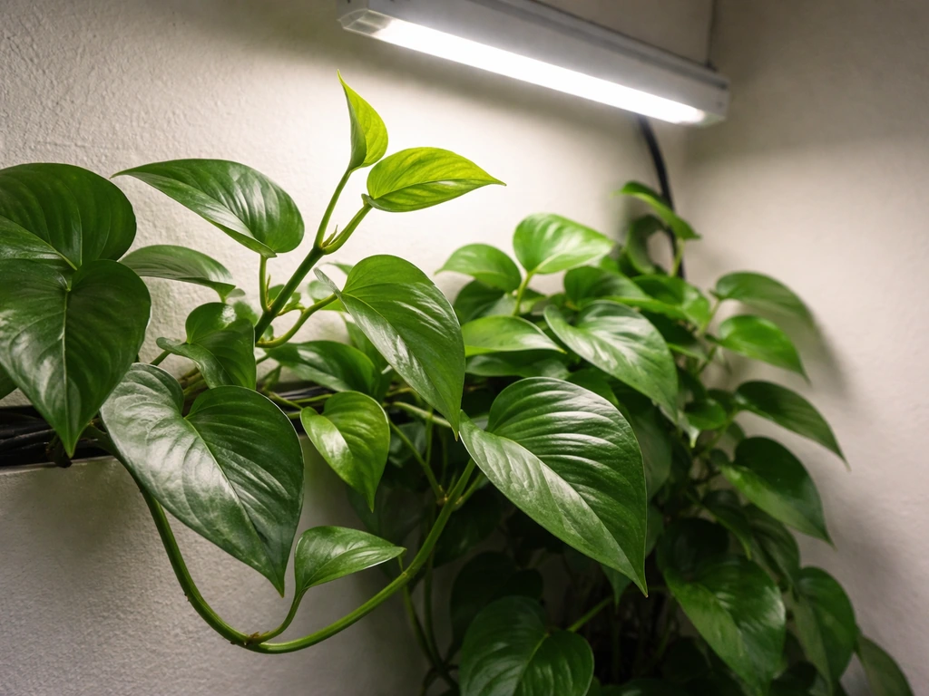 Lush pothos leaves thriving indoors beside an artificial LED grow light, with fresh new growth nearby.