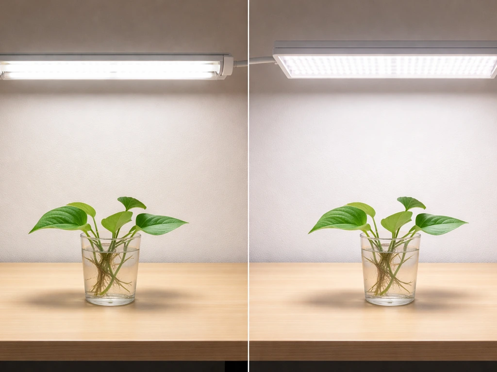 Two indoor plant light setups side by side over pothos cuttings: fluorescent tubes and an LED grow panel