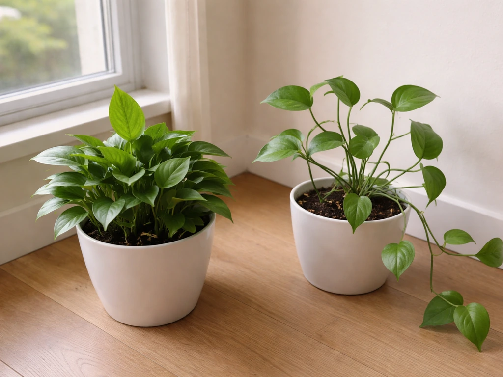 Two pothos plants side-by-side: one close under warm light, one farther away showing leggy stretched vines.