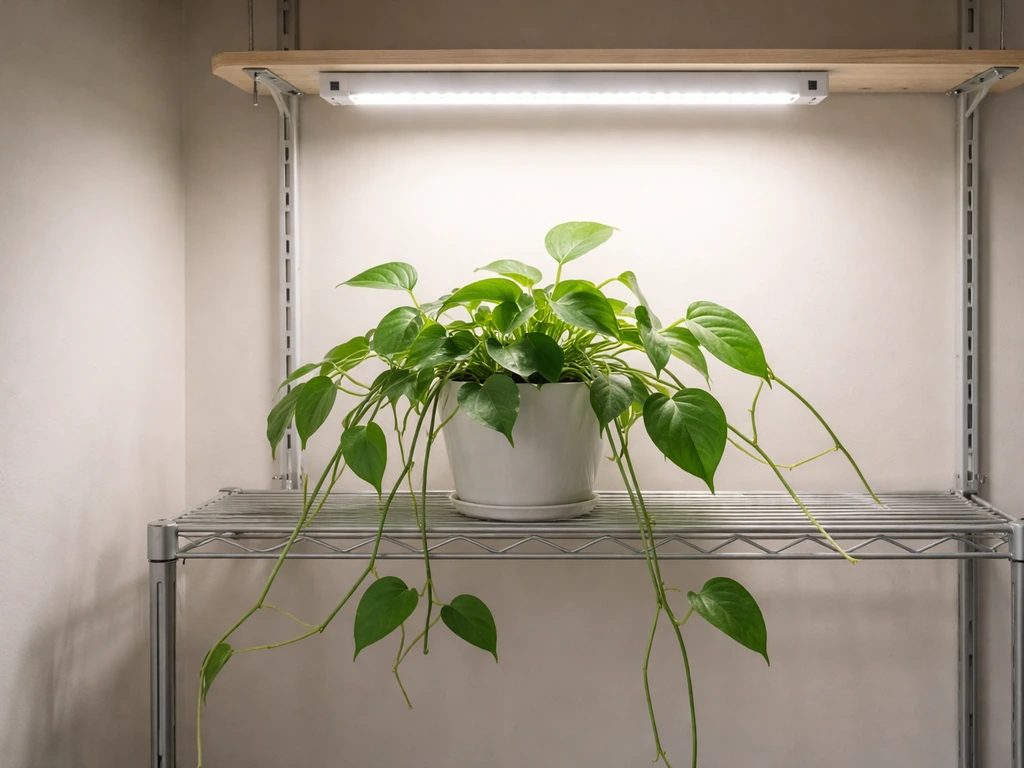 Leggy houseplant stretching toward an off-center grow light; empty shelf space shows where to move the lamp closer.