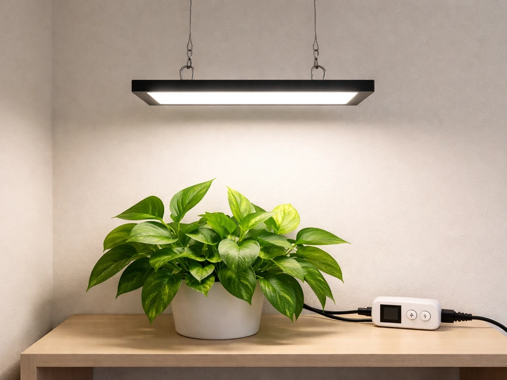 LED panel mounted above a pothos plant, with cord and simple timer nearby in a tidy room corner