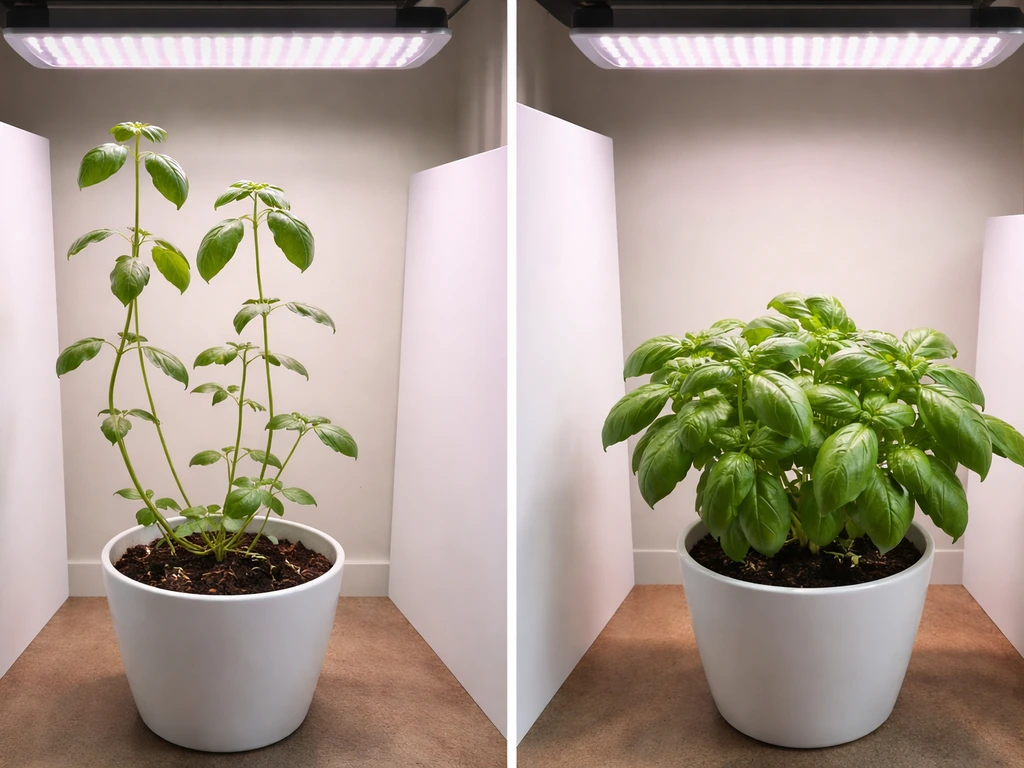 Two compact LED-grown plants: one leggy and stretched, one compact and well-lit.