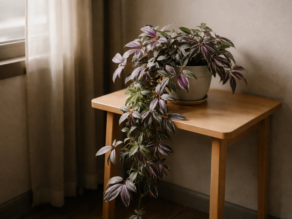 Wandering Jew plant trailing near a dim window with vivid purple-green stripes in soft natural light