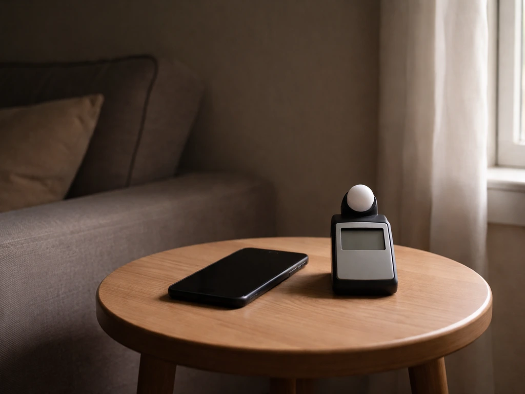 Dim home corner beside a bright window glow with a smartphone and small light meter for comparison.