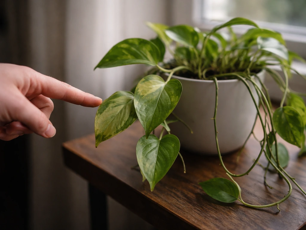 Houseplant leaves with faded color and leggy trailing stems, with a hand pointing to stressed growth.
