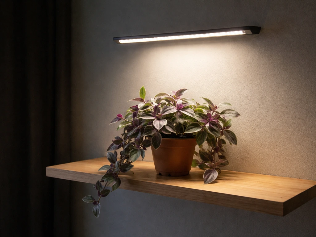 LED grow light shining on a trailing Wandering Jew plant on a shelf with no usable window nearby.