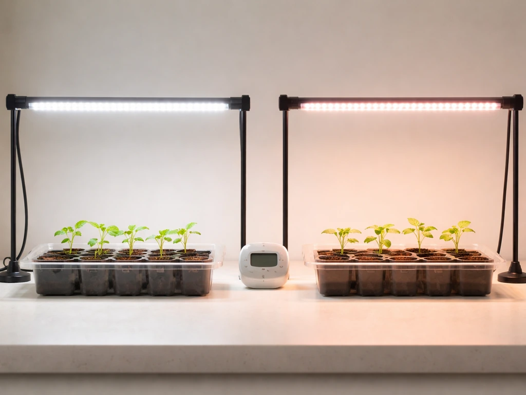 Two small seedling trays under different LED lights in a simple home grow setup side by side.