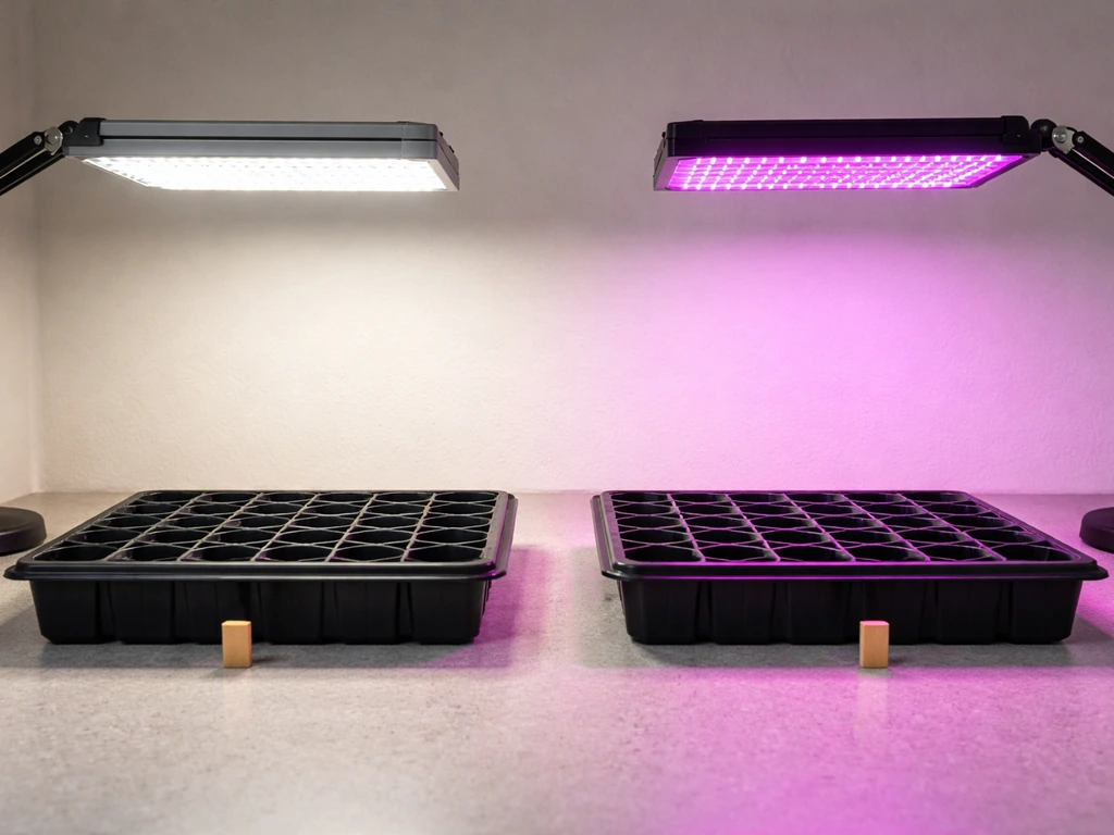 Two identical seedling trays on a table under different grow lights, aligned at the same distance.
