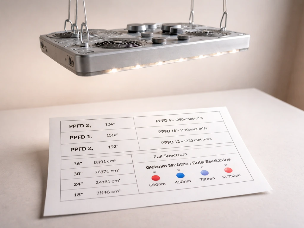 Grow light spec label close-up showing PPFD and spectrum with marked hanging-distance range