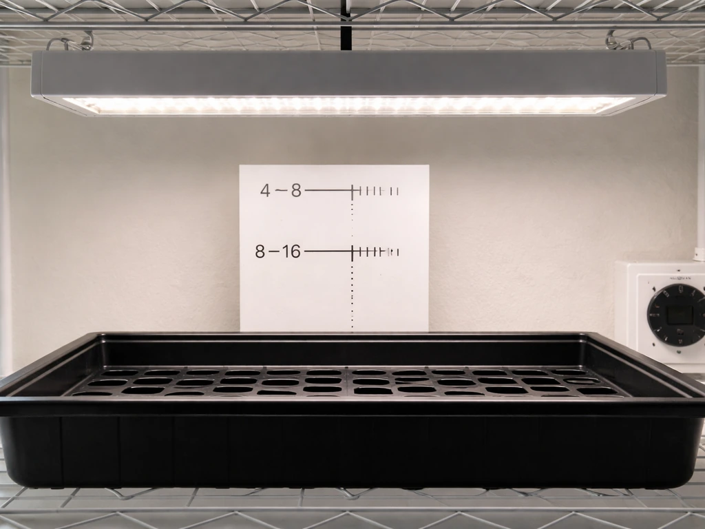 Minimal indoor grow setup showing marked distances from an LED light and a simple timer on a shelf.