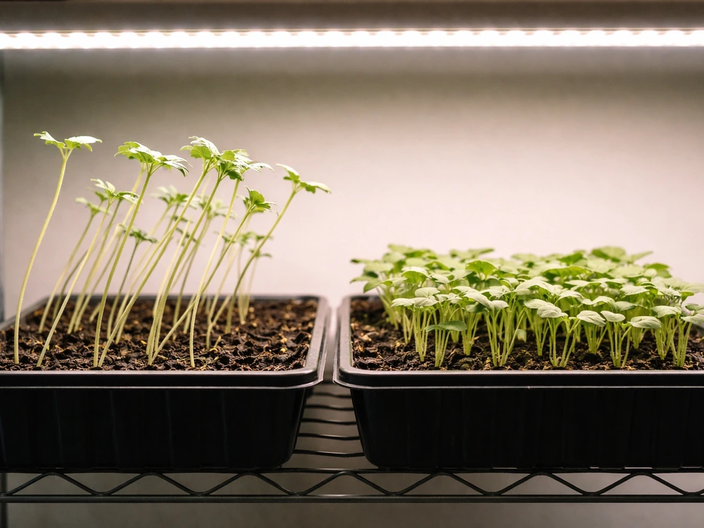 Two indoor plant trays: one etiolated with pale leggy stems, one healthier and denser under stronger light.