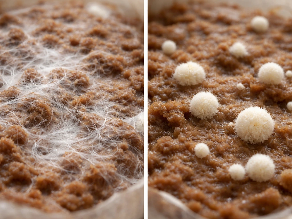 Close-up comparison of lion’s mane mycelium colonizing substrate versus early fruiting primordia forming.
