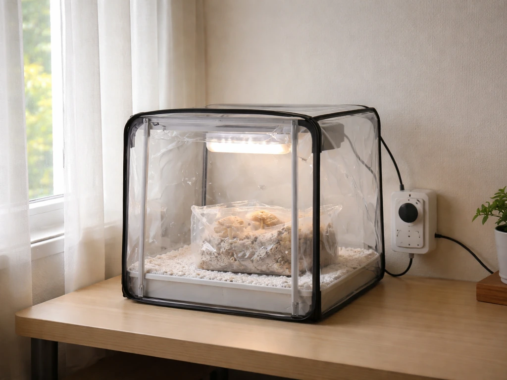 Mini grow tent with LED grow light on timer beside a window showing bright indirect indoor light for lion’s mane