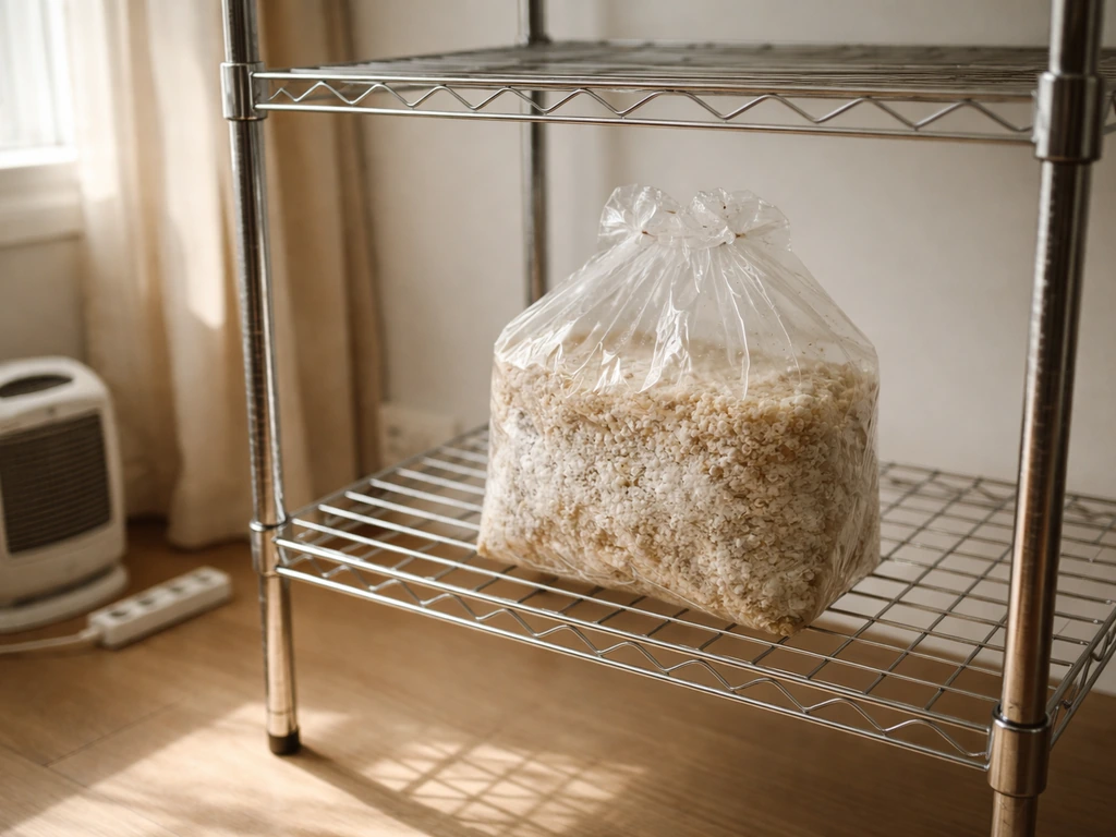 Lion’s mane grow kit placed on a shelf away from heaters and direct sun in a small indoor grow space