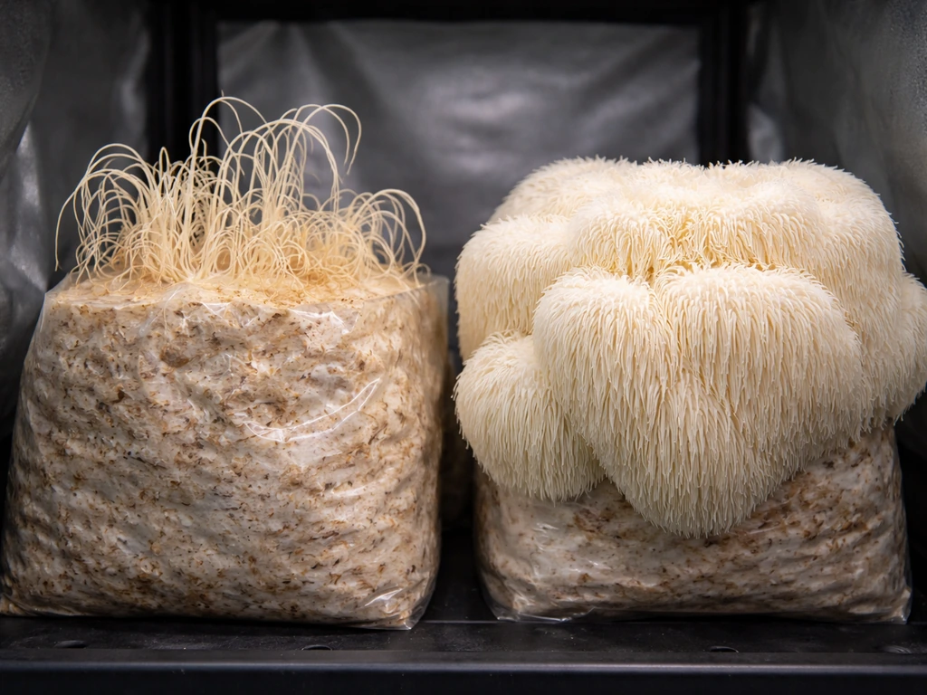 Close-up contrast of leggy, sparse lion’s mane versus dense, shaggy fruiting on adjacent blocks.