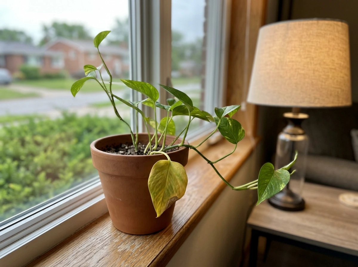 Plant showing leggy growth and yellowing from insufficient lamp light
