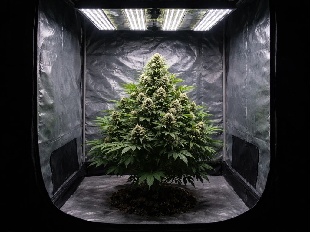 Healthy flowering plant in an indoor grow tent, LED lights illuminating the canopy with the rest in darkness.