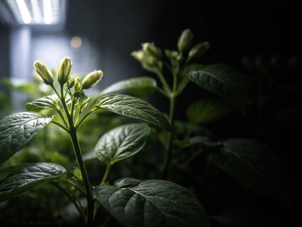 Close-up of an indoor flowering plant beside a grow light, showing buds at lights on and deep darkness