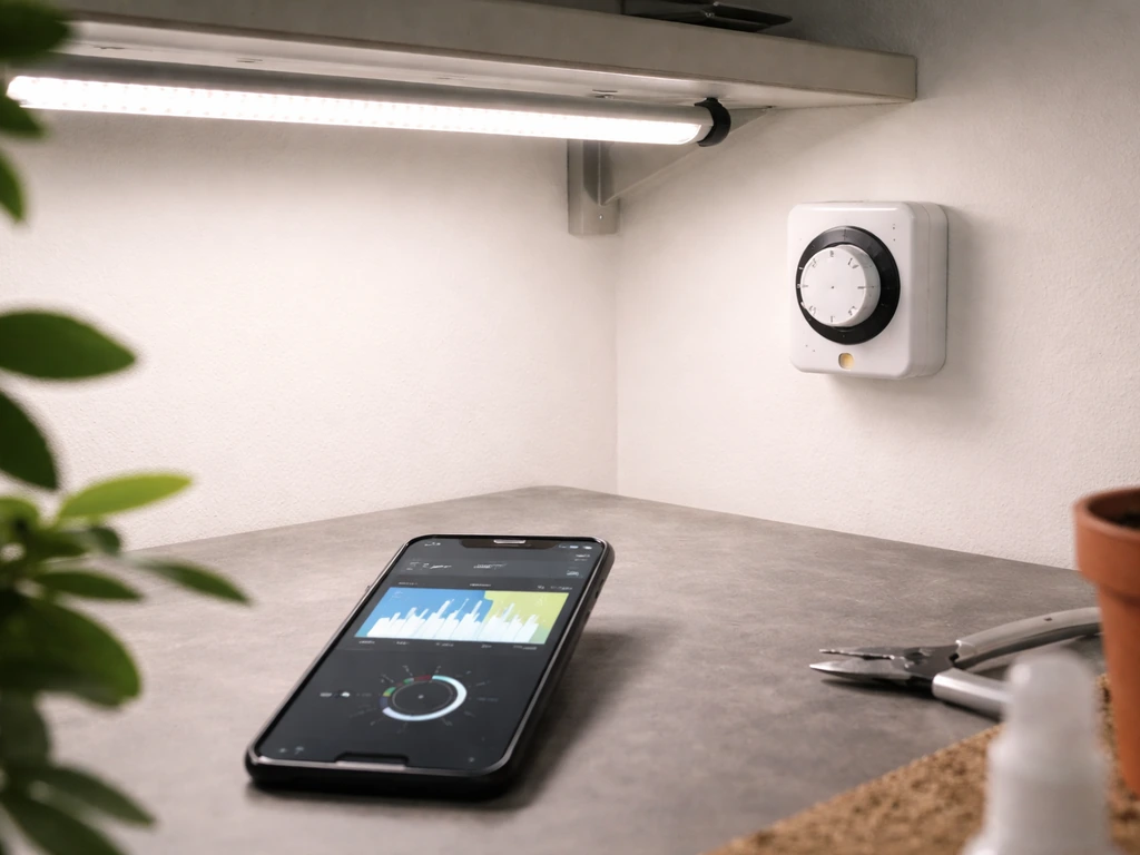 Smartphone showing a light schedule next to an LED grow light and visible timer in an indoor grow room.