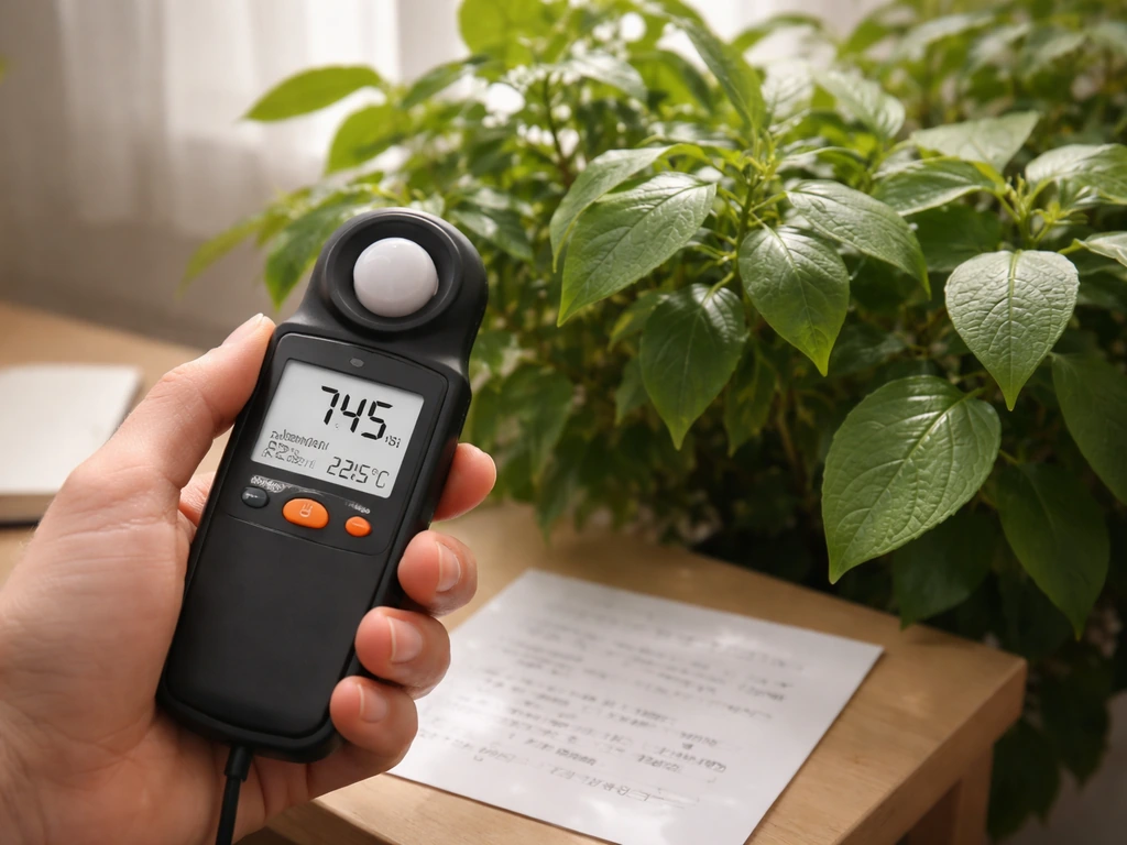 Handheld PAR meter aimed at an indoor plant canopy with notebook DLI calculation notes nearby.