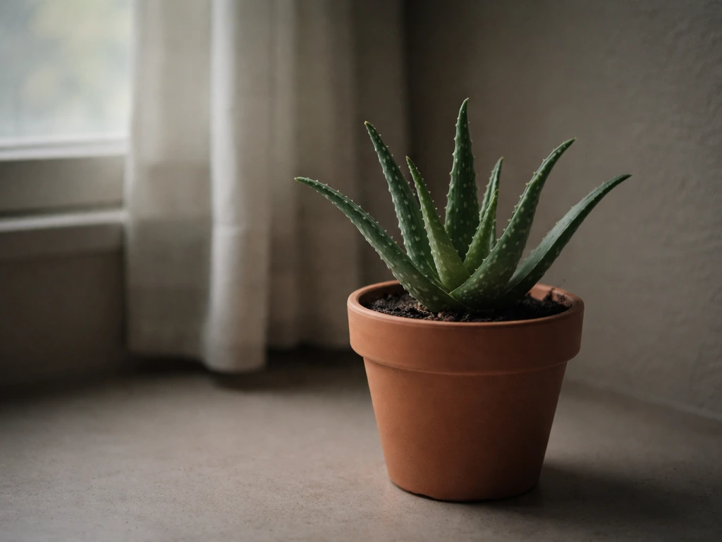 Small aloe vera plant in a dim indoor corner near a window with soft, low light and no direct sun.