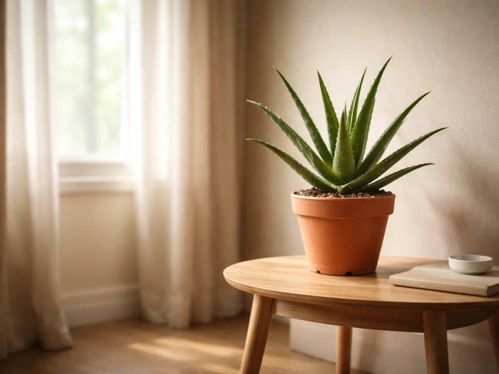Aloe vera in an indoor corner receiving soft indirect light away from a window.
