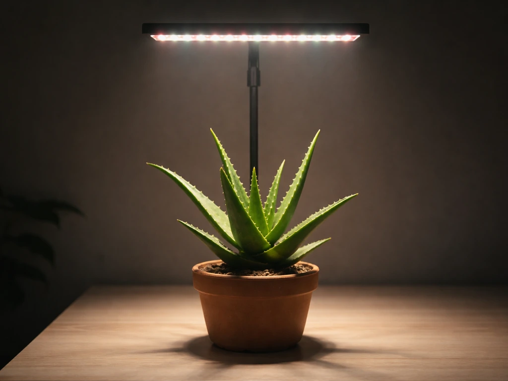 A potted aloe under an overhead LED grow light, showing the light illuminating the leaves in a simple room.