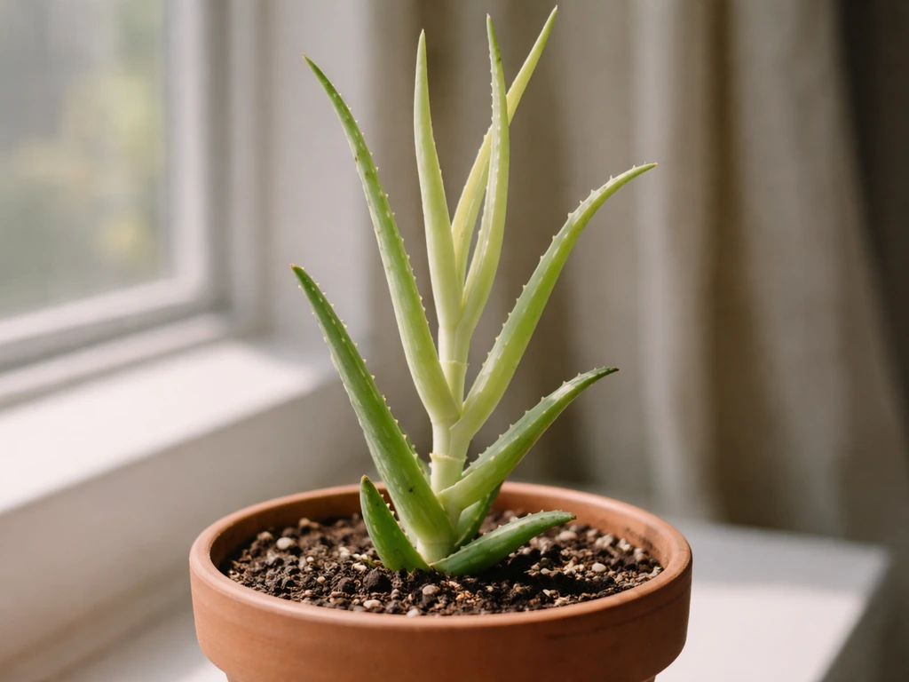 Close-up of an aloe plant with pale, stretched, widely spaced new leaves from low light