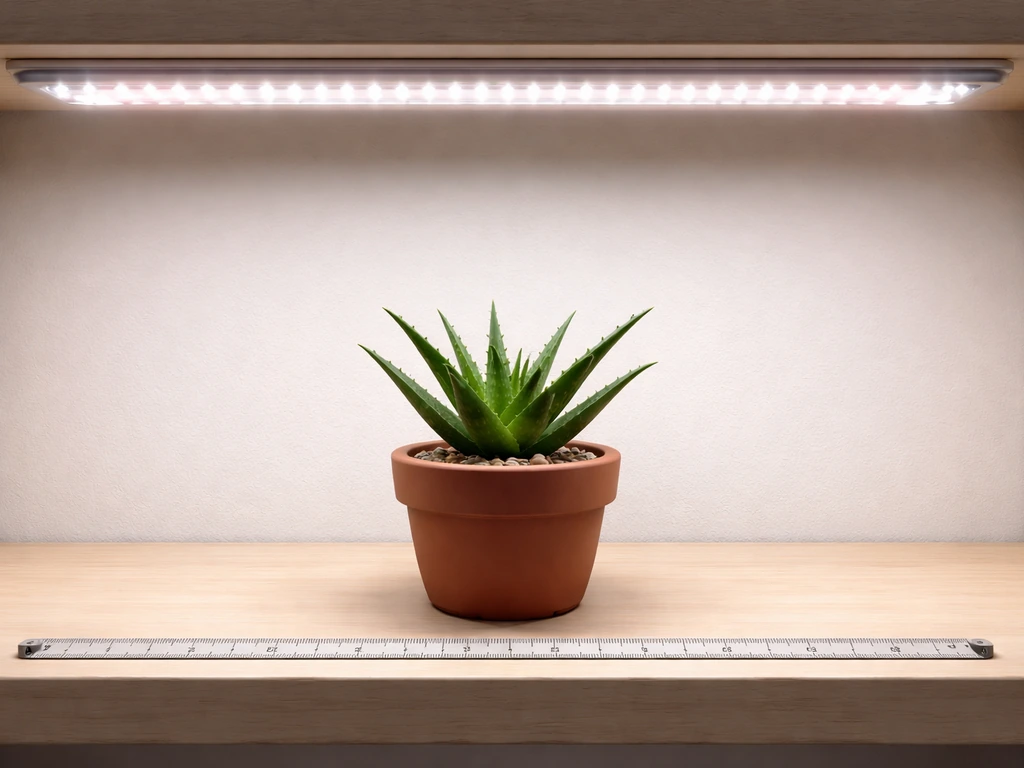 Potted aloe under an LED grow light with a measuring tape showing the light-to-plant distance.