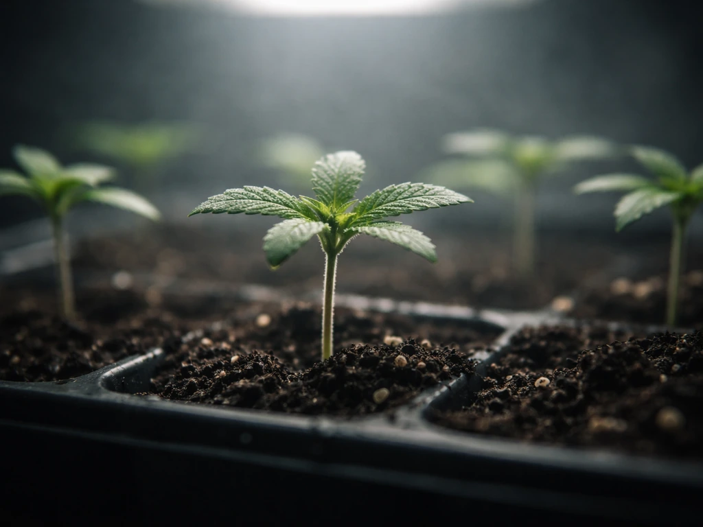 Close-up of cannabis seedlings in a tray under dim grow light, showing early-stage canopy growth.