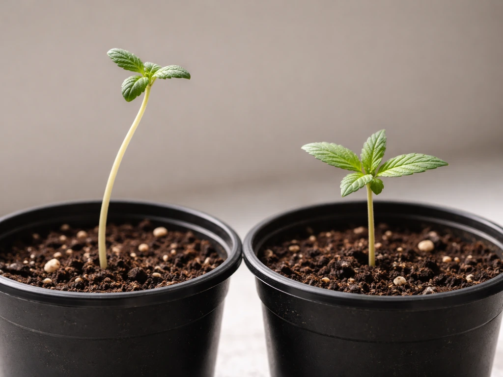 Side-by-side cannabis seedlings: one pale stretched (etiolation), one compact green healthy under better light.