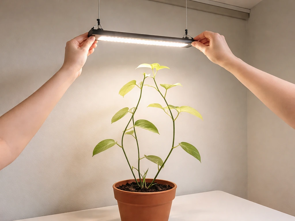 Leggy leaning houseplant with pale yellowish leaves as anonymous hands adjust an overhead grow light.
