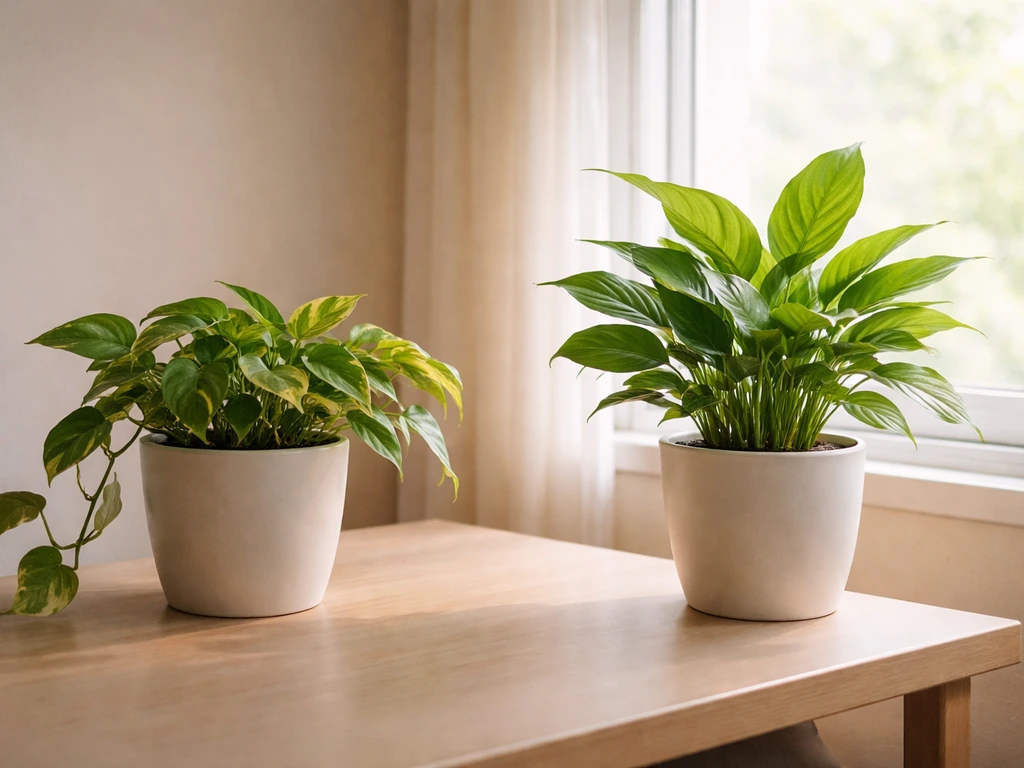 Two indoor plants side by side—one farther from the window, one near bright light.