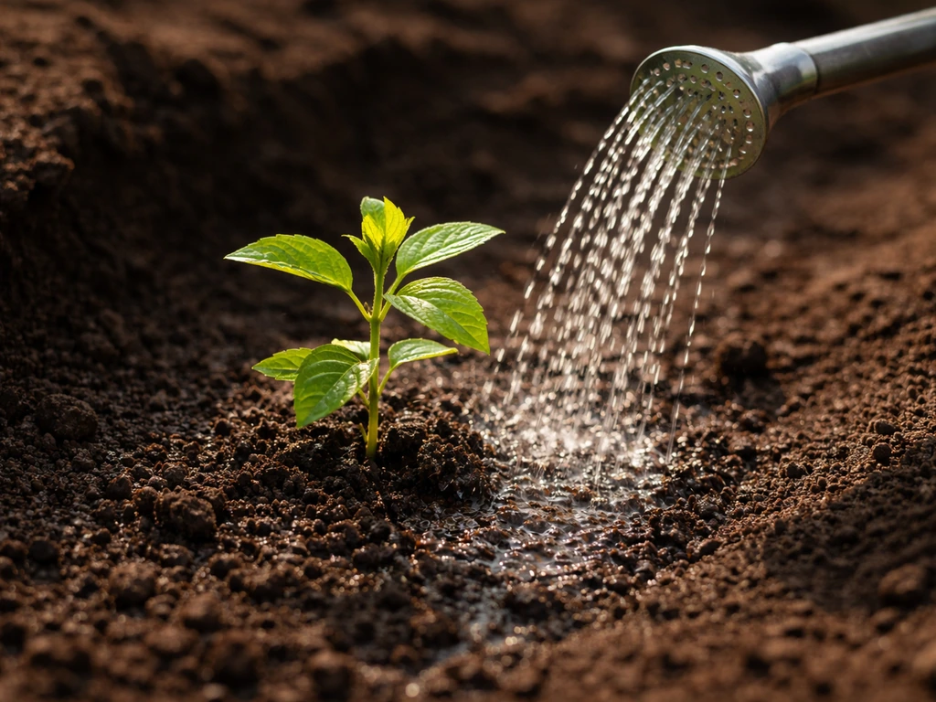 Watering can pouring onto moist soil beside a sunlit potted plant, leaves bright in natural light.