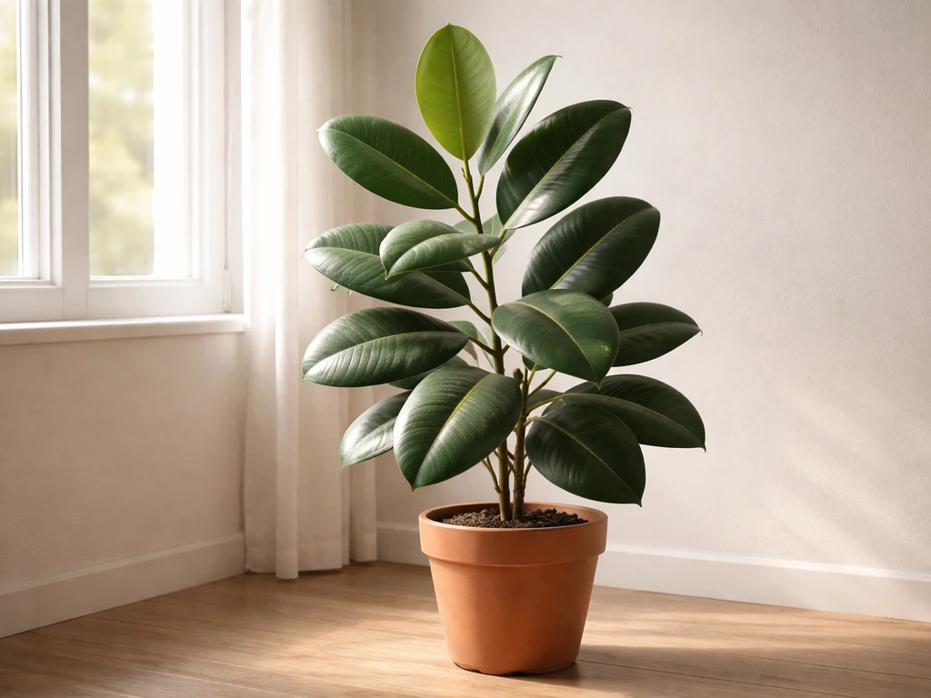 Rubber tree near a bright window with healthy leaves, suggesting its ability to handle lower indoor light levels.
