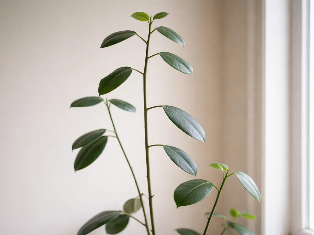 Close-up of a rubber tree with stretched, leggy stems and wide leaf spacing indicating low light.