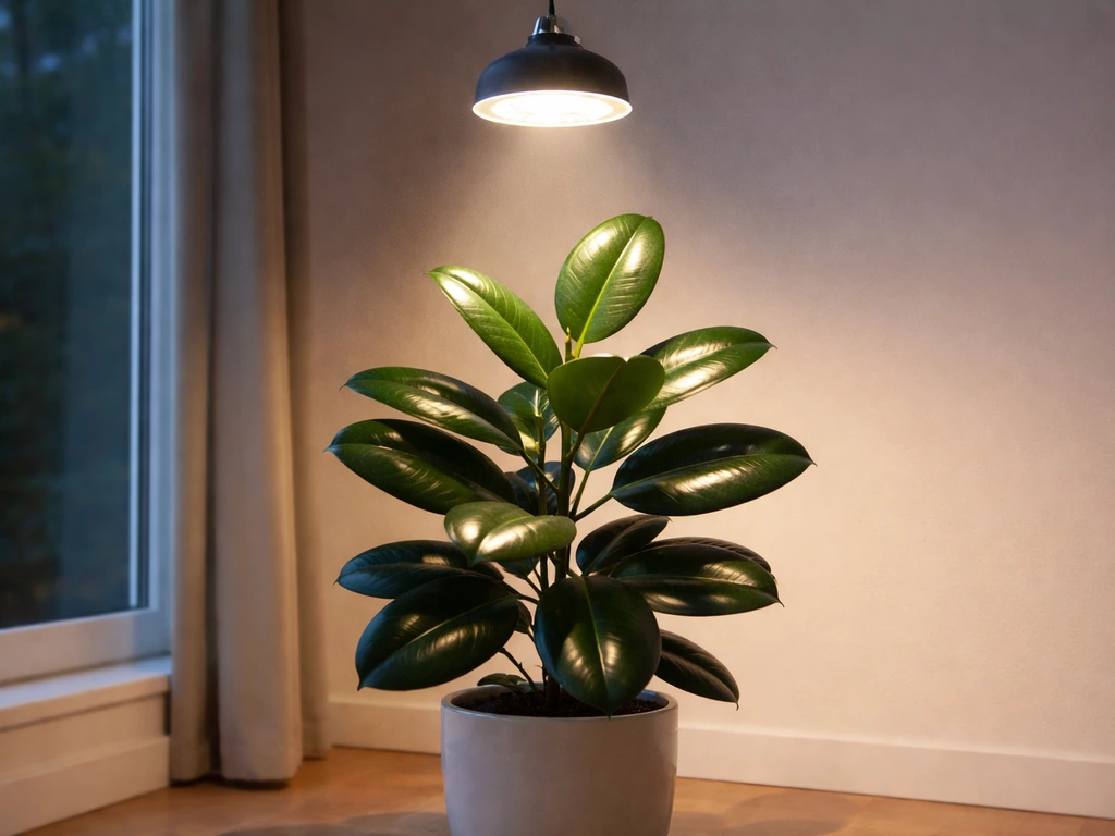 Rubber tree indoors with LED grow light illuminating its leaves in soft natural light.