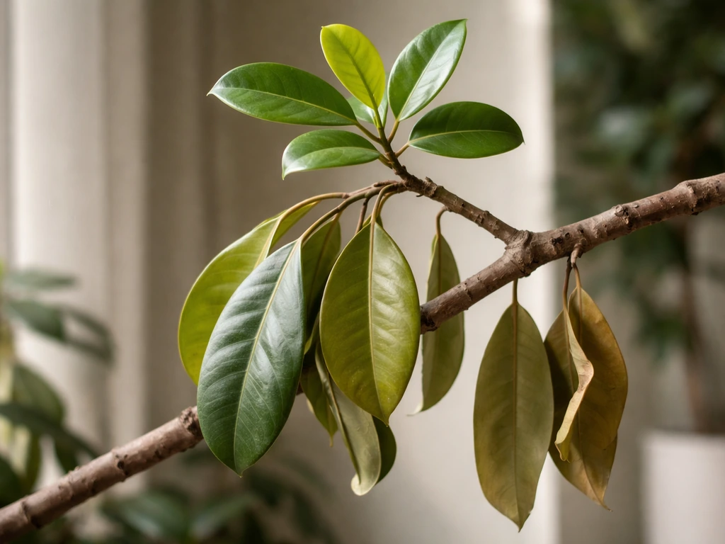 Rubber tree with some green leaves dropping and others healthy on the same branch