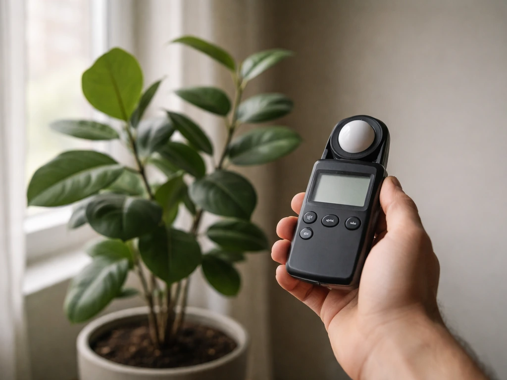 Hand holding a small light meter near an indoor plant by a window in dim room light
