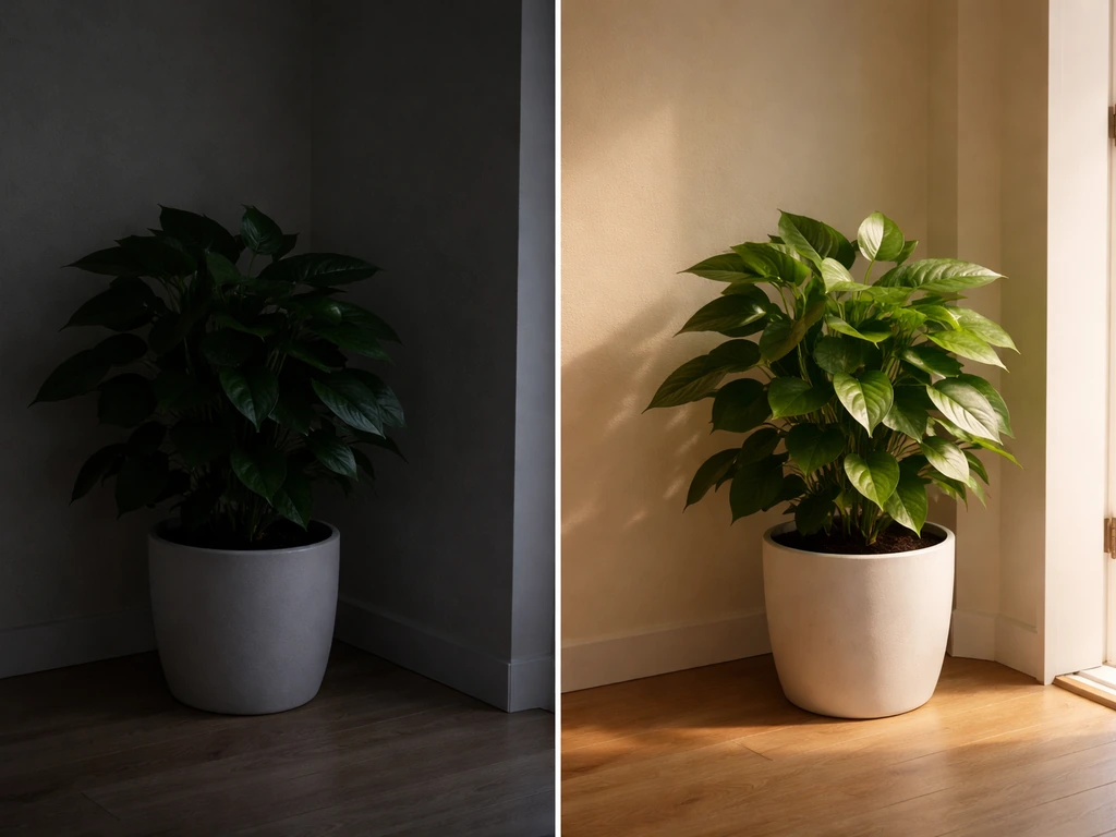Same leafy houseplant in two spots: deep shadowed corner vs near a doorway with soft ambient light