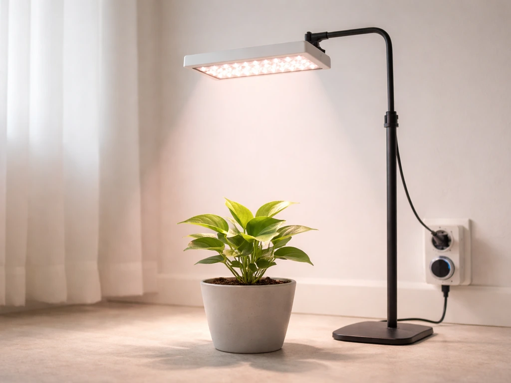 Purpose-built grow light hanging above a low-light plant with timer in use in a bright, minimal room