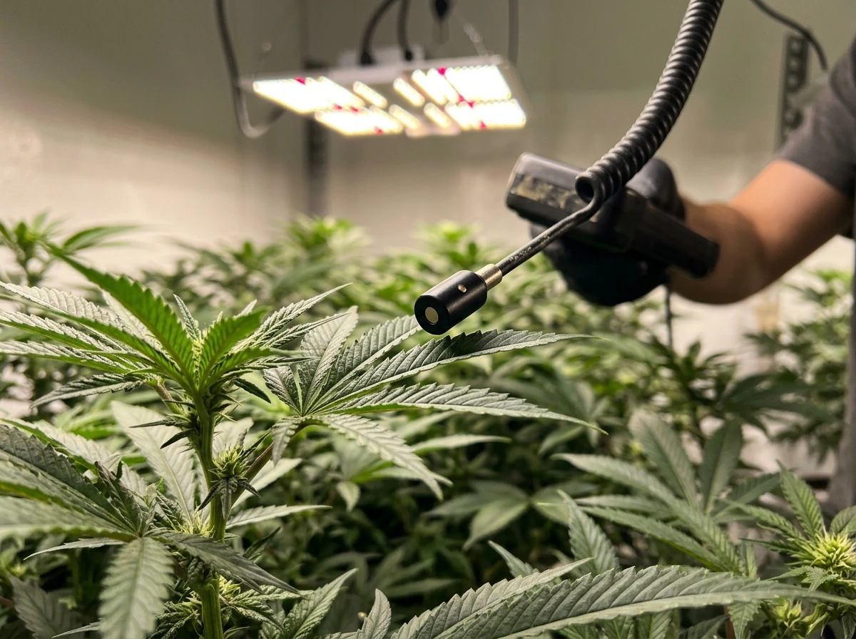 Plant canopy measured with a PPFD/quantum sensor probe near leaf surface.