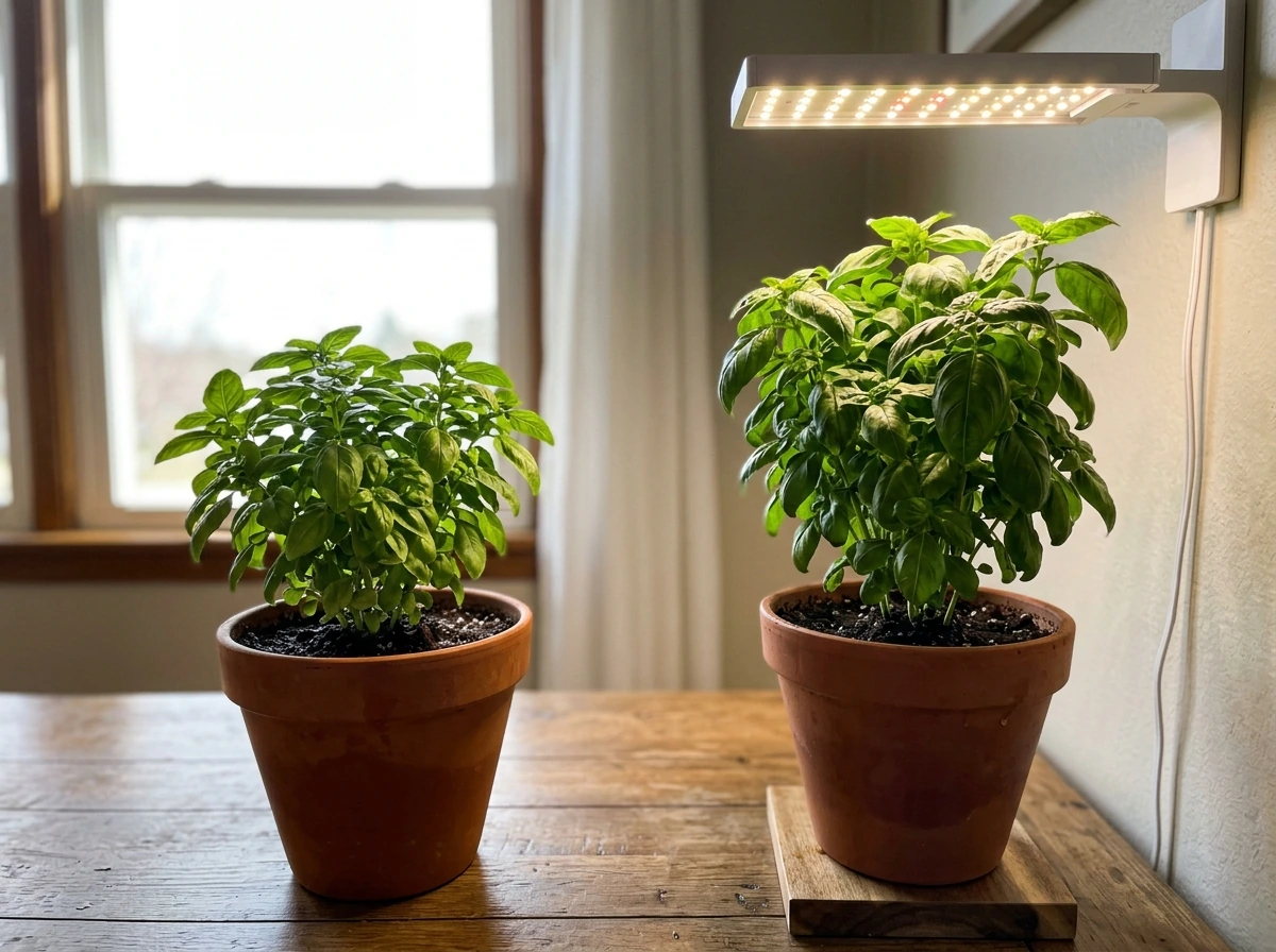 Two identical basil plants side by side under window light vs LED grow light.
