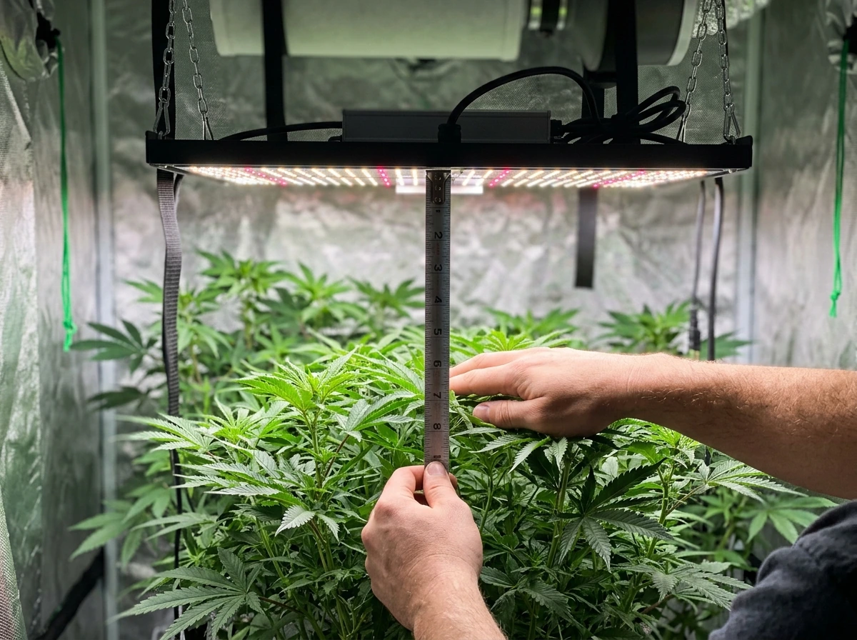 Measuring the distance from an LED grow light to the plant canopy.