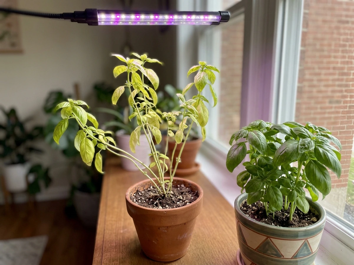 Leggy, stretched stems showing signs of insufficient light under a grow lamp.