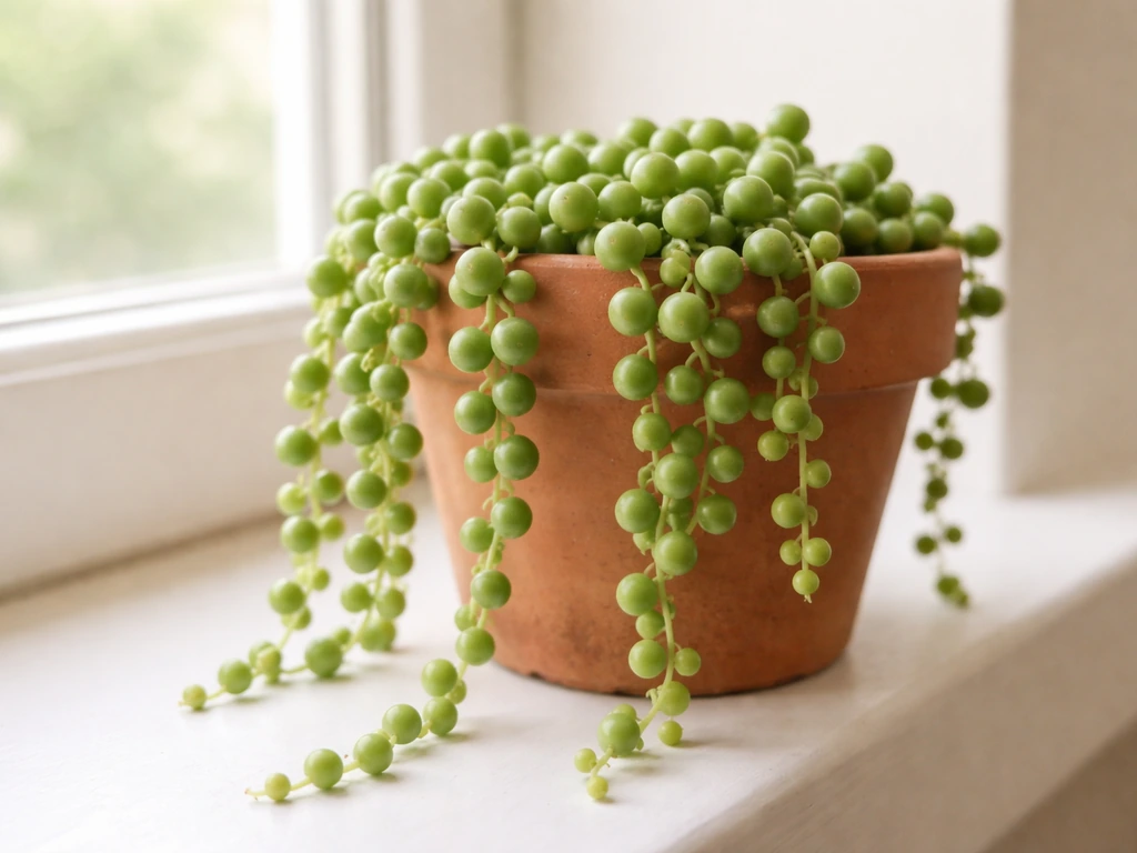 Close-up of a string of pearls in a pot with healthy compact bead spacing under bright window light