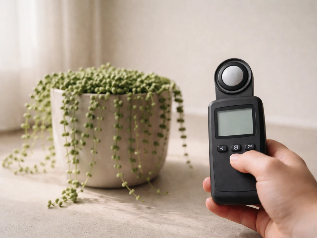 Light meter pointed at a string of pearls plant in a dim indoor corner by a window.