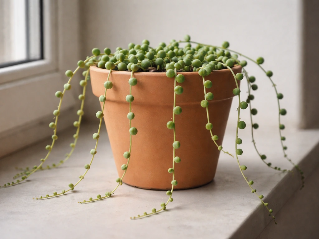 Close-up of a string of pearls houseplant showing elongated thin stems and wider gaps from low light.