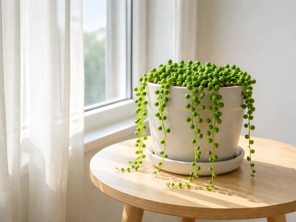 String of pearls succulent near a bright south-facing window with sunlight and glass proximity visible.