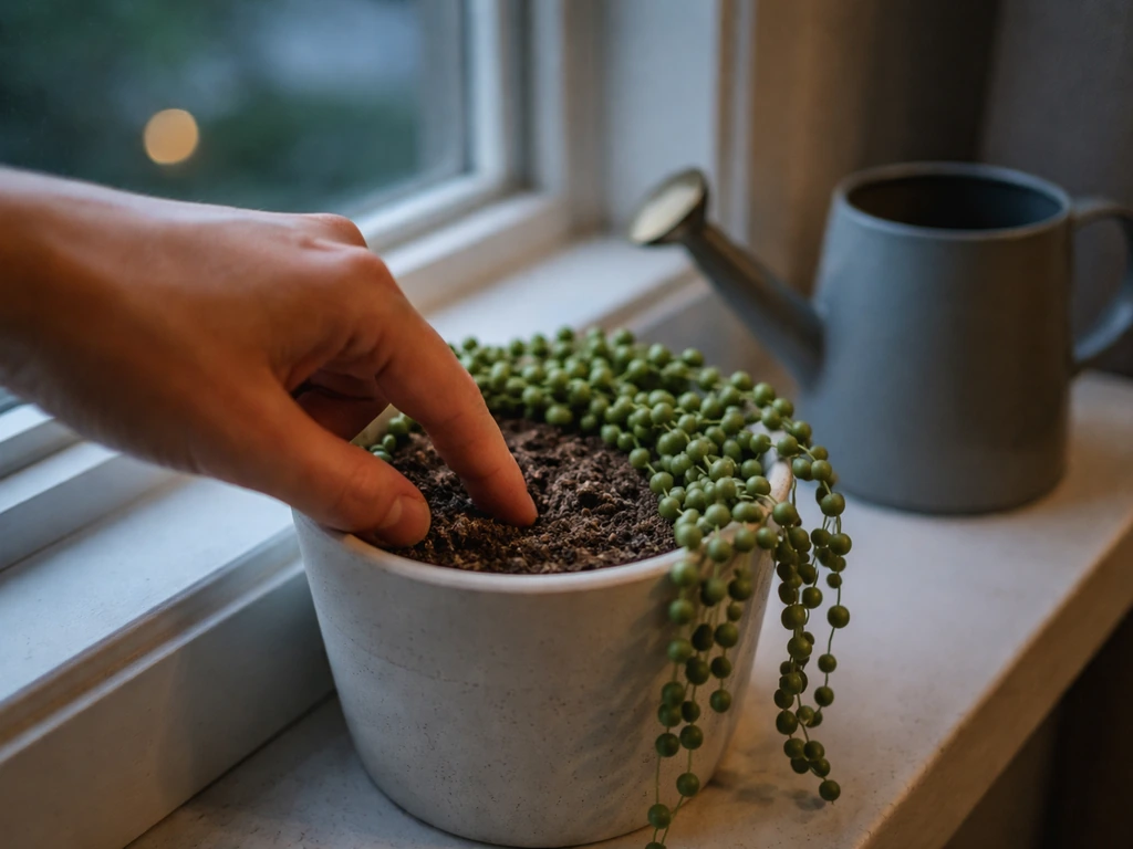 Hand checks dryness at the soil surface of a potted succulent in low light; watering can nearby.